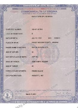 USA Virginia certificate of live birth